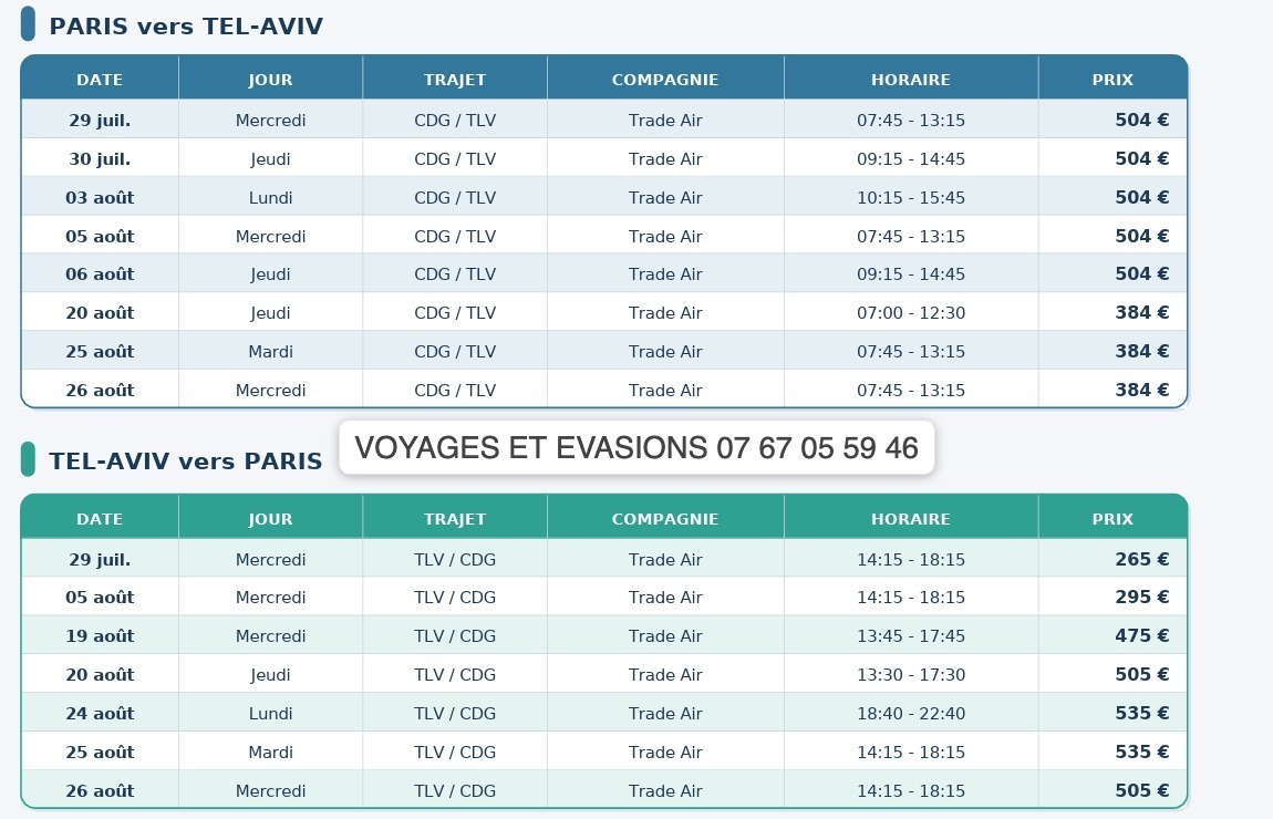 Vols Trade Air Paris ⇄ Tel Aviv — dates, horaires et prix Été 2026